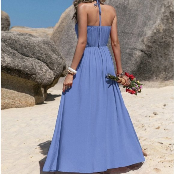 Boho Blue Knot Front Tie Back Maxi Halter Dress - Picture 2 of 5